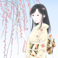 Flowers in the background are weeping red plum blossoms. I depicted a scene of waiting for spring.
The kimono has a plum blossom pattern, and the obi has a Seigaiha pattern, which is one of my favorite patterns.