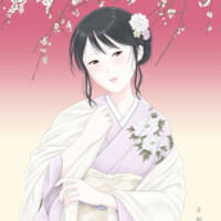 Flowers in the background are white plum blossoms.
Plum blossoms are known as the one that herald the end of winter.
The kimono pattern is a peony, which is ahead of spring.